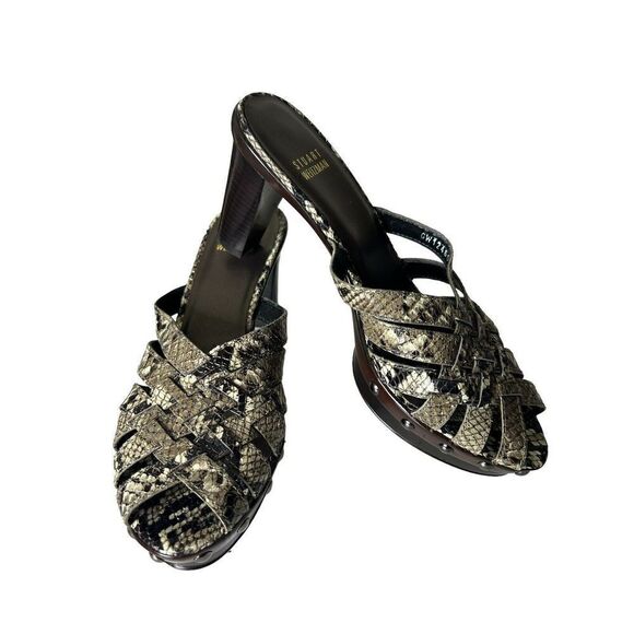Stuart Weitzman 8M Snake Skin Woven Leather Pumps Sandals Studded Heel Slip On - Picture 4 of 7